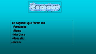 Els cognoms que farem són:
-Fernández
-Alonso
-Martínez
-González
-García
 