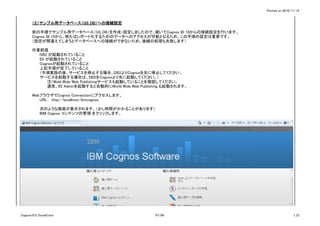 Printed on 2016/11/14
（２）サンプル用データベース（GS_DB）への接続設定
前の手順でサンプル用データベース（GS_DB）を作成・設定しましたので、続いてCognos BI 10からの接続設定を行います。
Cognos BI 10から、例えばレポート化するためのデータへのアクセスが可能となるため、この手順の設定は重要です。
（設定が間違えてしまうとデータベースへの接続ができないため、後続の処理も失敗します）
作業前提
DB2 が起動されていること
IIS が起動されていること
Cognosが起動されていること
上記手順が完了していること
（手順実施の後、サービスを停止する場合、DB2よりCognosを先に停止してください。
サービスを起動する場合は、DB2をCognosより先に起動してください。)
注）Wold Wide Web Publishingサービスも起動していることを確認してください。
通常、IIS Adminを起動すると自動的にWorld Wide Web Publishing も起動されます。
WebブラウザでCognos Connectionにアクセスします。
URL：　http://localhost/ibmcognos
次のような画面が表示されます。（少し時間がかかることがあります）
IBM Cognos コンテンツの管理 をクリックします。
Cognos10.2.1Install.xlsx 67/86 1_CI
 