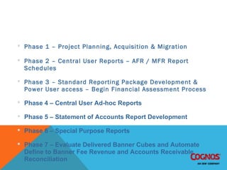 IBM Cognos BI Project Phases
 Phase 1 – Project Planning, Acquisition & Migration
 Phase 2 – Central User Reports – AFR / MFR Report
Schedules
 Phase 3 – Standard Reporting Package Development &
Power User access – Begin Financial Assessment Process
 Phase 4 – Central User Ad-hoc Reports
 Phase 5 – Statement of Accounts Report Development
 Phase 6 – Special Purpose Reports
 Phase 7 – Evaluate Delivered Banner Cubes and Automate
Define to Banner Fee Revenue and Accounts Receivable
Reconciliation
 