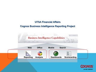 IBM Cognos 8 BI Implementation Project
UTSA Financial AffairsUTSA Financial Affairs
Cognos Business Intelligence Reporting ProjectCognos Business Intelligence Reporting Project
ReportingReporting AnalysisAnalysis DashboardsDashboards ScorecardingScorecarding
WebWeb OfficeOffice SearchSearchMobileMobile
 
