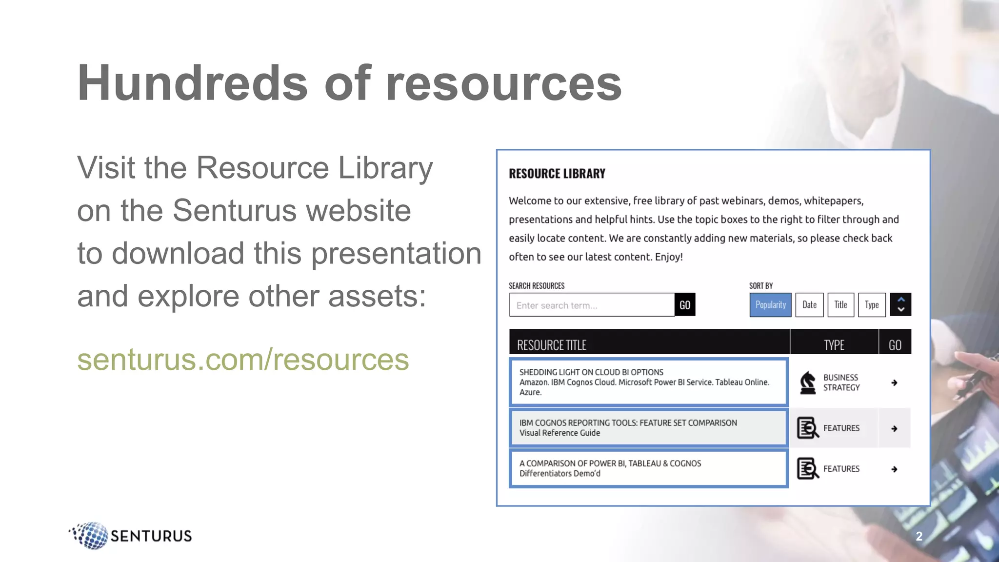 2
Hundreds of resources
Visit the Resource Library
on the Senturus website
to download this presentation
and explore other assets:
senturus.com/resources
2
 