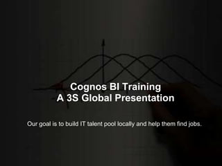 Cognos BI Training
A 3S Global Presentation
Our goal is to build IT talent pool locally and help them find jobs.

 