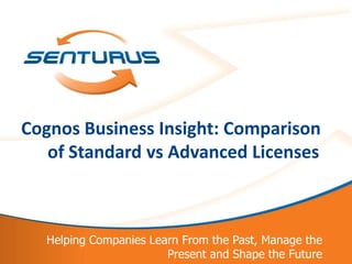 Cognos Business Insight: Comparison
   of Standard vs Advanced Licenses



  Helping Companies Learn From the Past, Manage the
                       Present and Shape the Future
 