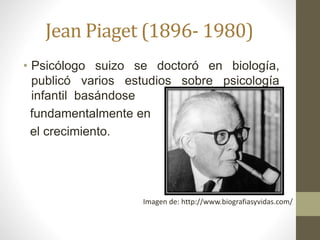 Jean Piaget (1896- 1980)
• Psicólogo suizo se doctoró en biología,
publicó varios estudios sobre psicología
infantil basándose
fundamentalmente en
el crecimiento.
Imagen de: http://www.biografiasyvidas.com/
 