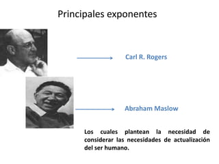 Principales exponentes
Abraham Maslow
Carl R. Rogers
Los cuales plantean la necesidad de
considerar las necesidades de actualización
del ser humano.
 