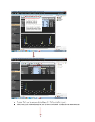  To view the trend of number of employees by the termination reason.
 Select the count measure and drag the termination reason tab besides the measures tab.
 