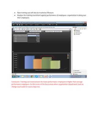  Now training cost will also be treated as Measure.
 Analyze the training investment against performance of employees; organization is doing over
their employees.
Conclusion: Training cost invested over the lower performance employees is higher than average
performance employees. So this is one of the focus areas where organization should work (such as
change course plan or course days etc).
 
