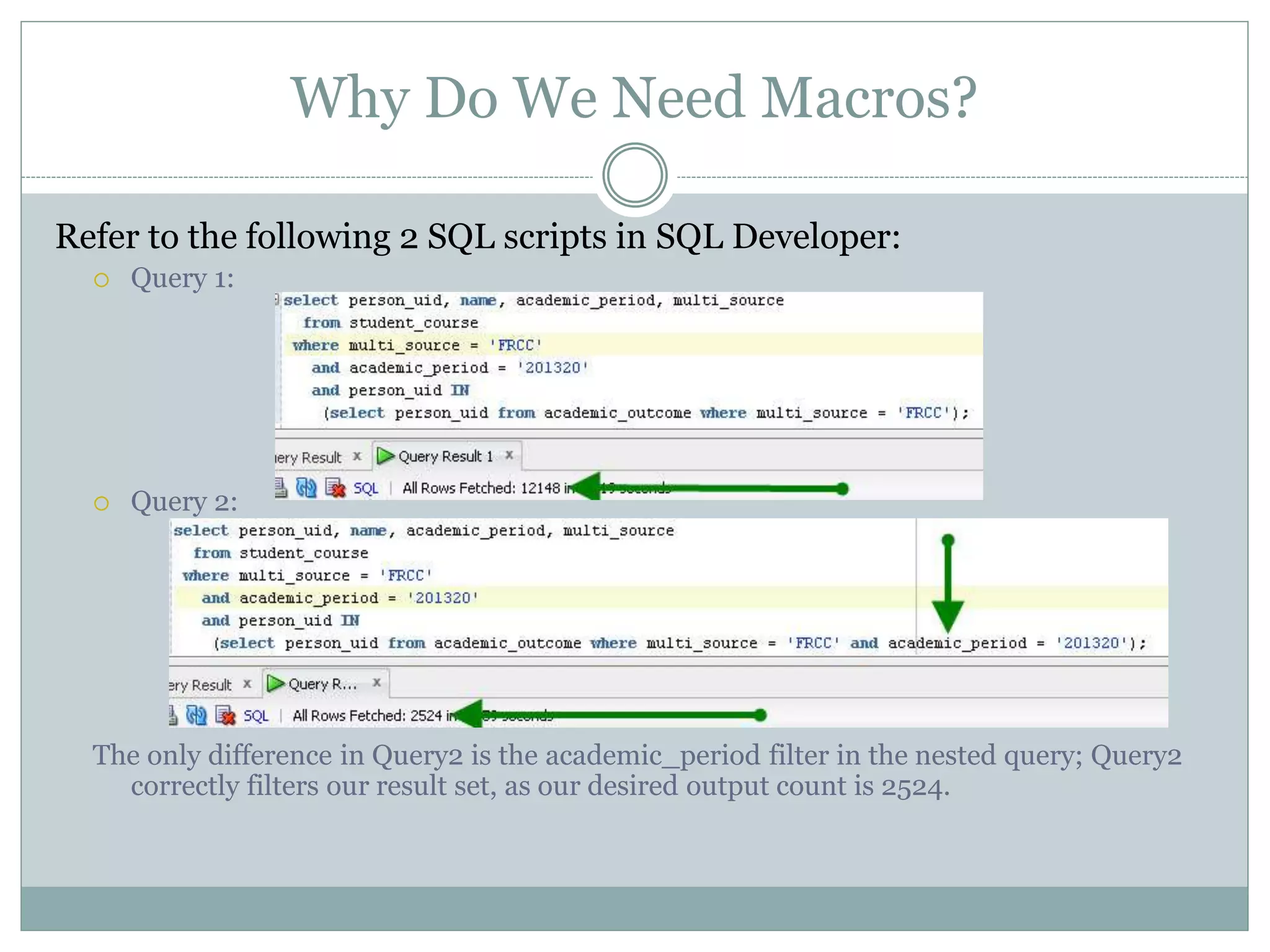 Why Do We Need Macros?
Refer to the following 2 SQL scripts in SQL Developer:
 Query 1:
 Query 2:
The only difference in Query2 is the academic_period filter in the nested query; Query2
correctly filters our result set, as our desired output count is 2524.
 