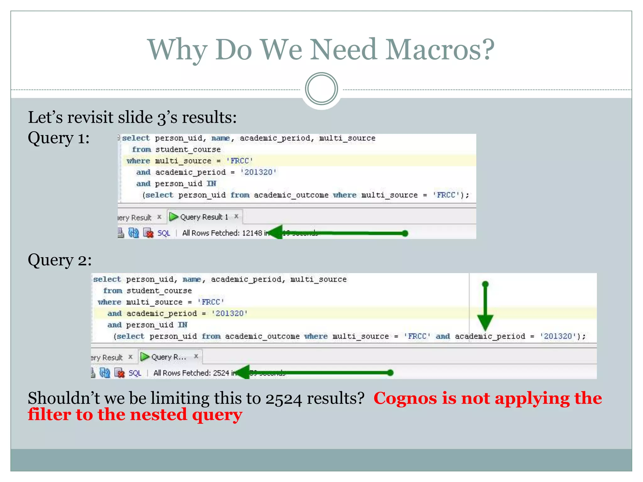 Why Do We Need Macros?
Here is the SQL Cognos has generated:
The academic_period filter is being placed incorrectly within the query.
 