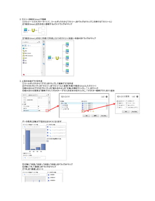 2. クエリーを結合(Union)で接続
①クエリー・エクスプローラーにて、ツールボックスから「クエリー」をドラッグ&ドロップ(この例では「クエリー2」)
②「結合(Union)」をその右に接続するようにドラッグ&ドロップ
③「結合(Union)」の右に手順1で作成した5つのクエリー(収益～収益4)をドラッグ&ドロップ
3. 上段の収益グラフを作成
①ツールボックスから「グラフ」をドロップして縦棒グラフを作成
②グラフのプロパティの「クエリー」を「クエリー2」に変更(手順2で結合(Union)したクエリー)
③組み合わせグラフのプロパティの「組み合わせ」の「主軸」の横をクリックし、「＋」をクリック
④組み合わせ要素は「横棒グラフ」「クラスター・グラフ」のままOKをクリックし、「クラスター横棒グラフ」を3つ追加
データ系列(主軸)が下記のとおり4つになります
⑤主軸に「収益」「収益1」「収益2」「収益3」をドラッグ&ドロップ
⑥X軸に「年」「(数値)」をドラッグ&ドロップ
⑦「年」を「(数値)」をソート
 
