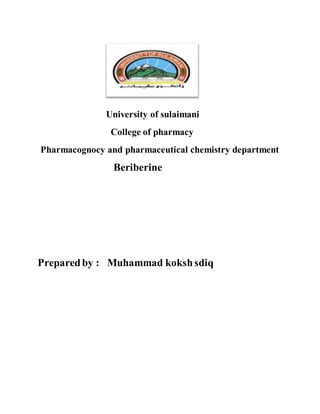 1
University of sulaimani
College of pharmacy
Pharmacognocy and pharmaceutical chemistry department
(Beriberine) natural products and pharmacological activity
Prepared by: Dr. Muhammad Koksh Sdiq
B.Sc. in pharmacy
 