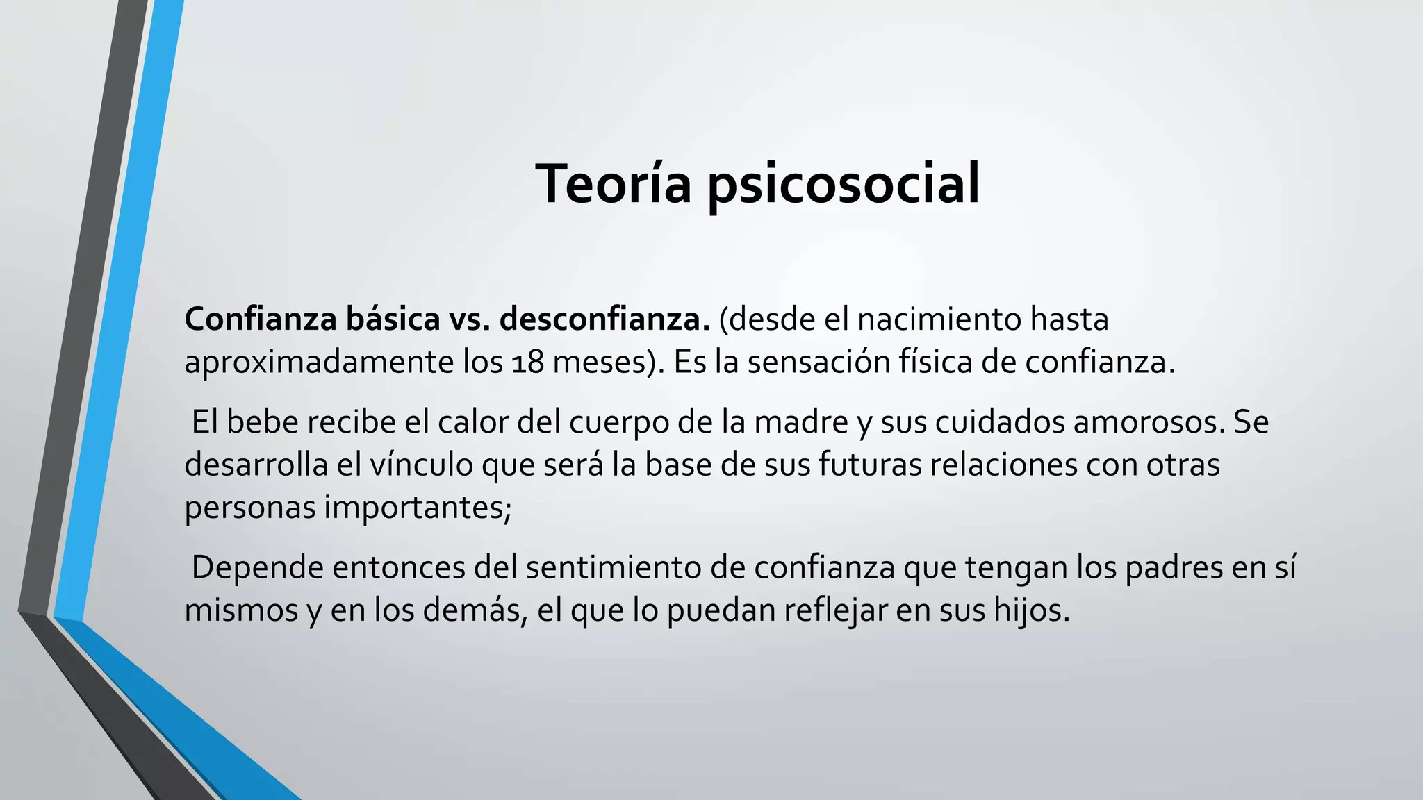 Teoría psicosocial 
Confianza básica vs. desconfianza. (desde el nacimiento hasta 
aproximadamente los 18 meses). Es la sensación física de confianza. 
El bebe recibe el calor del cuerpo de la madre y sus cuidados amorosos. Se 
desarrolla el vínculo que será la base de sus futuras relaciones con otras 
personas importantes; 
Depende entonces del sentimiento de confianza que tengan los padres en sí 
mismos y en los demás, el que lo puedan reflejar en sus hijos. 
 