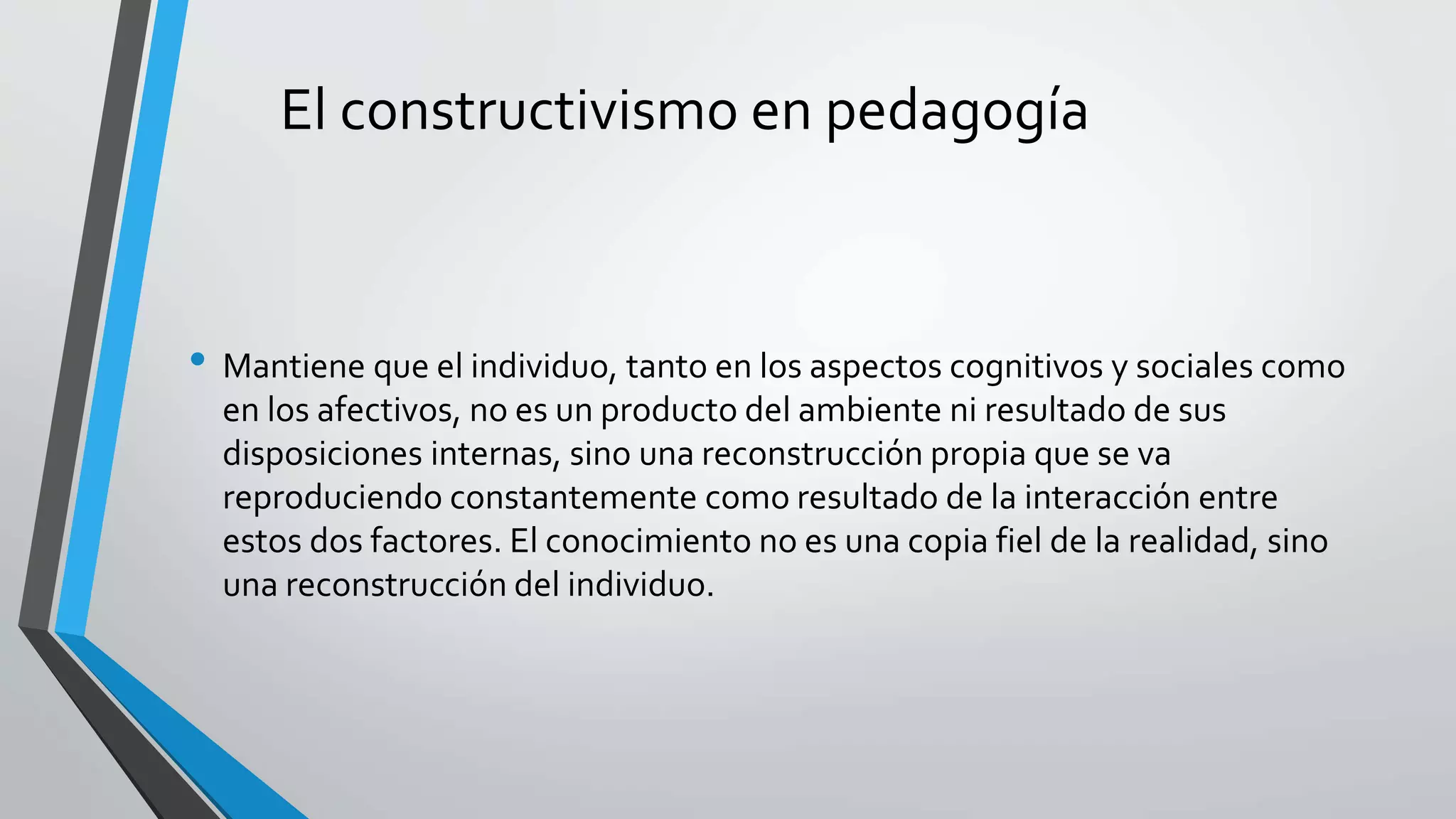 El constructivismo en pedagogía 
• Mantiene que el individuo, tanto en los aspectos cognitivos y sociales como 
en los afectivos, no es un producto del ambiente ni resultado de sus 
disposiciones internas, sino una reconstrucción propia que se va 
reproduciendo constantemente como resultado de la interacción entre 
estos dos factores. El conocimiento no es una copia fiel de la realidad, sino 
una reconstrucción del individuo. 
 