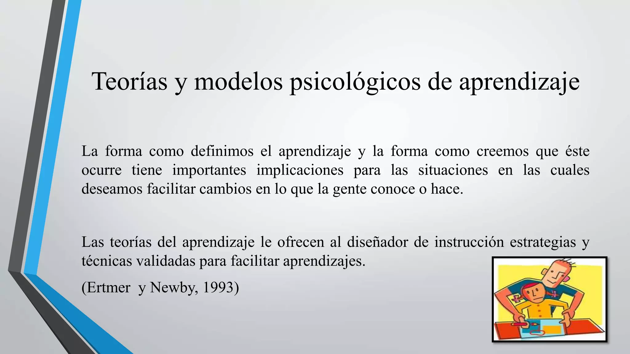Teorías y modelos psicológicos de aprendizaje 
La forma como definimos el aprendizaje y la forma como creemos que éste 
ocurre tiene importantes implicaciones para las situaciones en las cuales 
deseamos facilitar cambios en lo que la gente conoce o hace. 
Las teorías del aprendizaje le ofrecen al diseñador de instrucción estrategias y 
técnicas validadas para facilitar aprendizajes. 
(Ertmer y Newby, 1993) 
 