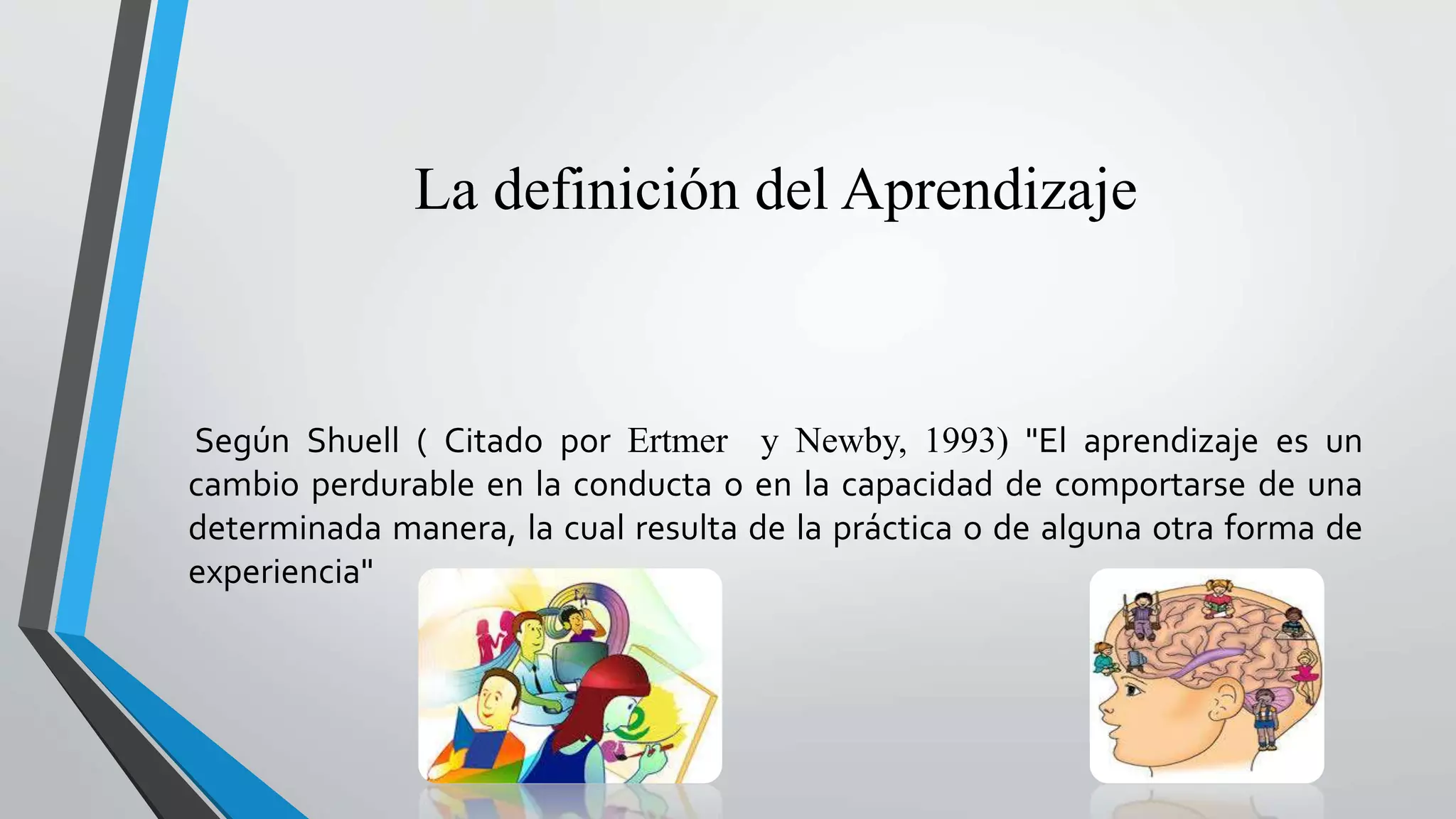 La definición del Aprendizaje 
Según Shuell ( Citado por Ertmer y Newby, 1993) "El aprendizaje es un 
cambio perdurable en la conducta o en la capacidad de comportarse de una 
determinada manera, la cual resulta de la práctica o de alguna otra forma de 
experiencia" 
 