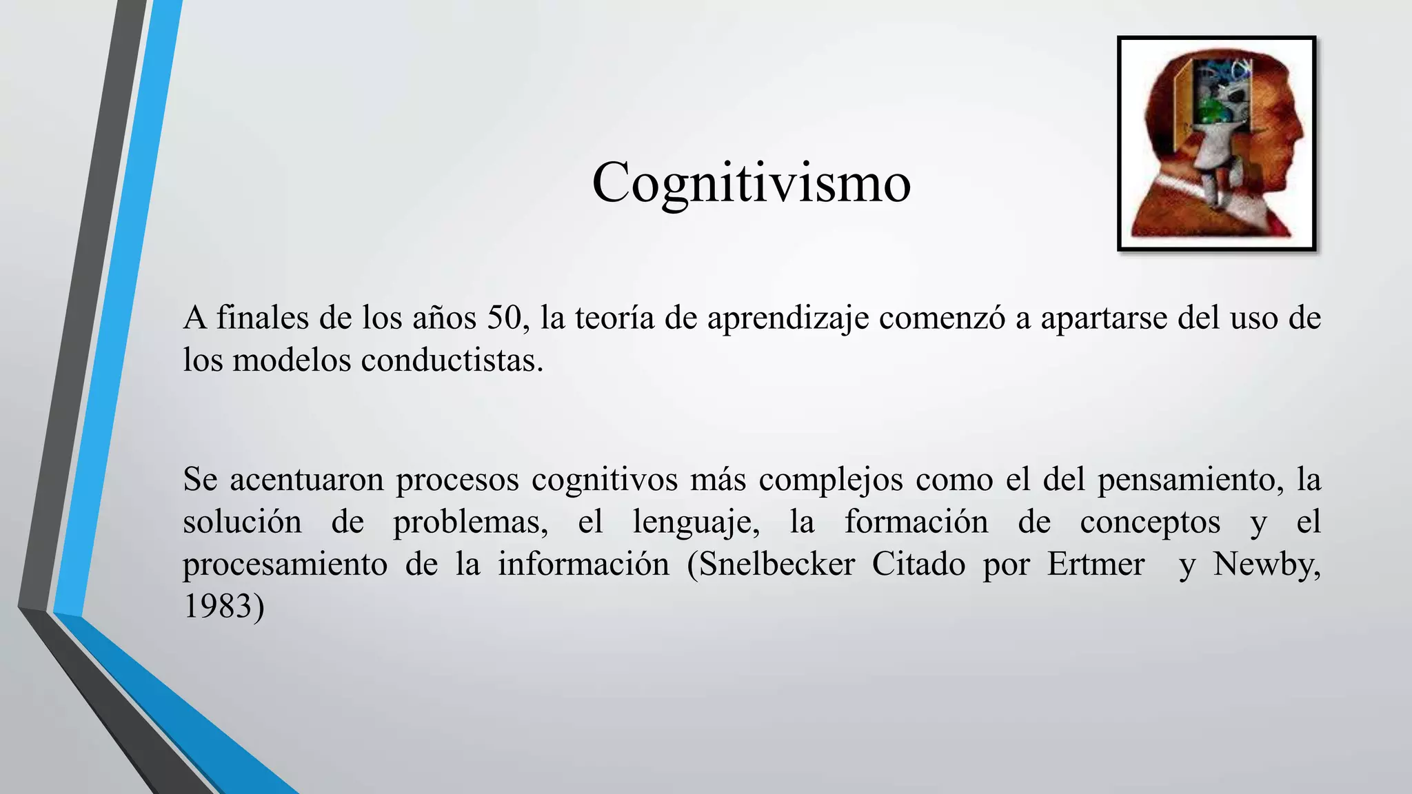 Cognitivismo 
A finales de los años 50, la teoría de aprendizaje comenzó a apartarse del uso de 
los modelos conductistas. 
Se acentuaron procesos cognitivos más complejos como el del pensamiento, la 
solución de problemas, el lenguaje, la formación de conceptos y el 
procesamiento de la información (Snelbecker Citado por Ertmer y Newby, 
1983) 
 