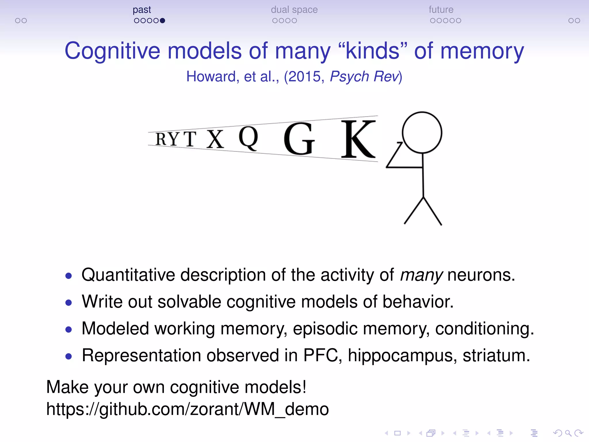 past dual space future
Cognitive models of many “kinds” of memory
Howard, et al., (2015, Psych Rev)
• Quantitative description of the activity of many neurons.
• Write out solvable cognitive models of behavior.
• Modeled working memory, episodic memory, conditioning.
• Representation observed in PFC, hippocampus, striatum.
Make your own cognitive models!
https://github.com/zorant/WM_demo
 