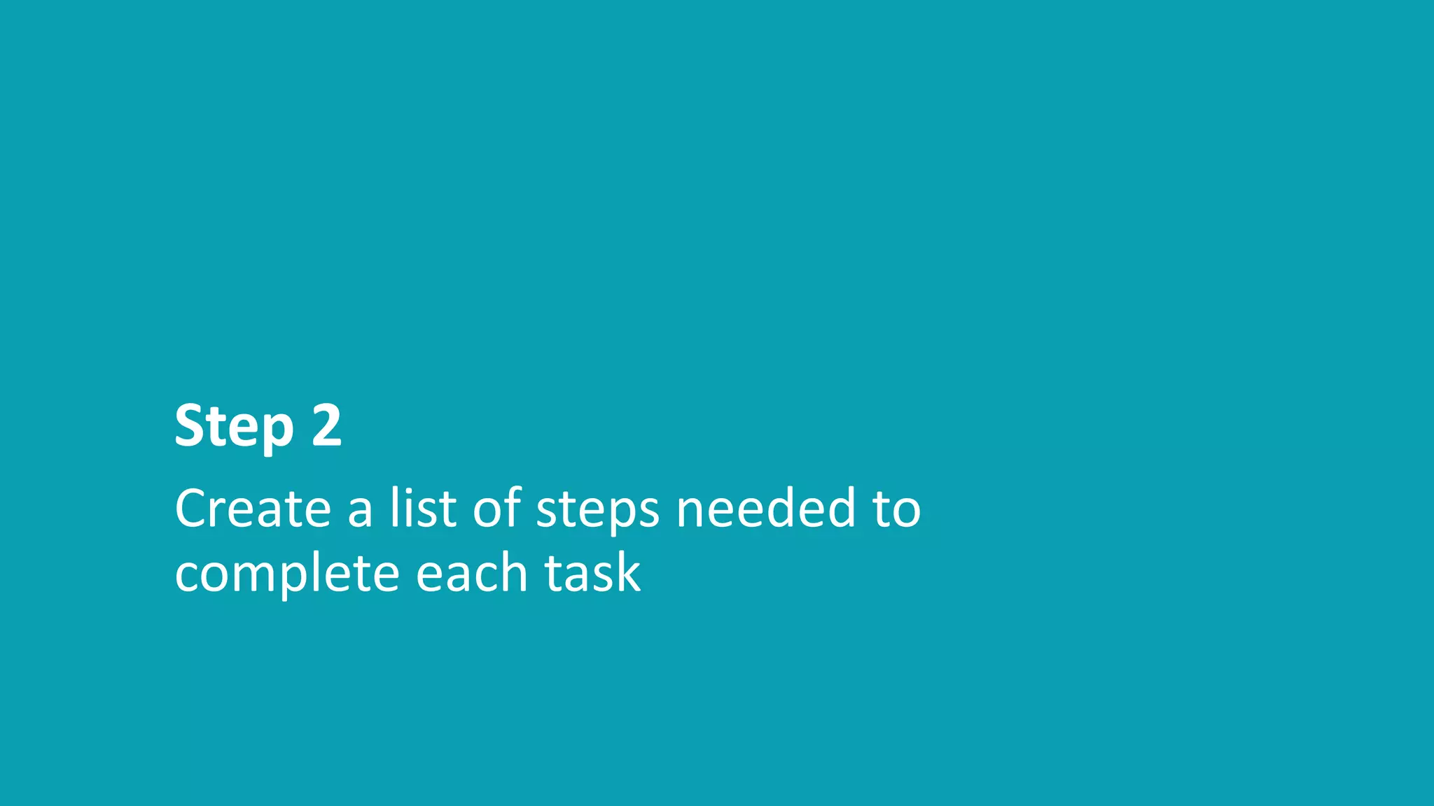 Step 2
Create a list of steps needed to
complete each task
 
