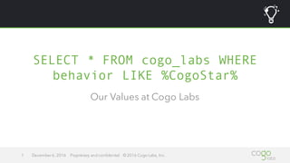 SELECT * FROM cogo_labs WHERE
behavior LIKE %CogoStar%
Our Values at Cogo Labs
December 6, 2016 Proprietary and confidential © 2016 Cogo Labs, Inc.1
 
