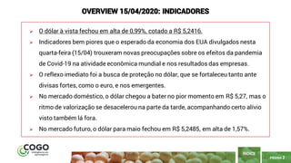PÁGINA 2
➢ O dólar à vista fechou em alta de 0,99%, cotado a R$ 5,2416.
➢ Indicadores bem piores que o esperado da economia dos EUA divulgados nesta
quarta-feira (15/04) trouxeram novas preocupações sobre os efeitos da pandemia
de Covid-19 na atividade econômica mundial e nos resultados das empresas.
➢ O reflexo imediato foi a busca de proteção no dólar, que se fortaleceu tanto ante
divisas fortes, como o euro, e nos emergentes.
➢ No mercado doméstico, o dólar chegou a bater no pior momento em R$ 5,27, mas o
ritmo de valorização se desacelerou na parte da tarde, acompanhando certo alívio
visto também lá fora.
➢ No mercado futuro, o dólar para maio fechou em R$ 5,2485, em alta de 1,57%.
ÍNDICE
OVERVIEW 15/04/2020: INDICADORES
 