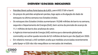 PÁGINA 3
➢ Petróleo Brent sofreu forte baixa de 6,45%, para US$ 27,69 o barril.
➢ Os preços do petróleo ampliaram perdas, logo após a divulgação do dado de
estoques na última semana nos Estados Unidos.
➢ Os estoques dos Estados Unidos aumentaram 19,248 milhões de barris na semana,
segundo o Departamento de Energia (DoE), bem acima da previsão de avanço de
11,1 milhões de barris dos analistas do setor.
➢ A Agência Internacional de Energia (AIE) estima que a demanda global pela
commodity vai sofrer queda recorde de 9,3 milhões de barris por dia (bpd) em 2020.
➢ Em relatório mensal, a AIE também avalia que medidas anunciadas recentemente
pela Opep+ e G20 não irão reequilibrar os mercados de imediato.
ÍNDICE
OVERVIEW 15/04/2020: INDICADORES
 