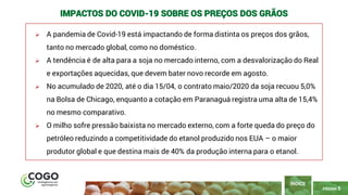 5
PÁGINA 5
➢ A pandemia de Covid-19 está impactando de forma distinta os preços dos grãos,
tanto no mercado global, como no doméstico.
➢ A tendência é de alta para a soja no mercado interno, com a desvalorização do Real
e exportações aquecidas, que devem bater novo recorde em agosto.
➢ No acumulado de 2020, até o dia 15/04, o contrato maio/2020 da soja recuou 5,0%
na Bolsa de Chicago, enquanto a cotação em Paranaguá registra uma alta de 15,4%
no mesmo comparativo.
➢ O milho sofre pressão baixista no mercado externo, com a forte queda do preço do
petróleo reduzindo a competitividade do etanol produzido nos EUA – o maior
produtor global e que destina mais de 40% da produção interna para o etanol.
ÍNDICE
IMPACTOS DO COVID-19 SOBRE OS PREÇOS DOS GRÃOS
 