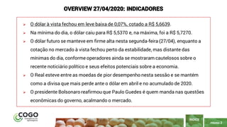 PÁGINA 2
➢ O dólar à vista fechou em leve baixa de 0,07%, cotado a R$ 5,6639.
➢ Na mínima do dia, o dólar caiu para R$ 5,5370 e, na máxima, foi a R$ 5,7270.
➢ O dólar futuro se manteve em firme alta nesta segunda-feira (27/04), enquanto a
cotação no mercado à vista fechou perto da estabilidade, mas distante das
mínimas do dia, conforme operadores ainda se mostraram cautelosos sobre o
recente noticiário político e seus efeitos potenciais sobre a economia.
➢ O Real esteve entre as moedas de pior desempenho nesta sessão e se mantém
como a divisa que mais perde ante o dólar em abril e no acumulado de 2020.
➢ O presidente Bolsonaro reafirmou que Paulo Guedes é quem manda nas questões
econômicas do governo, acalmando o mercado.
ÍNDICE
OVERVIEW 27/04/2020: INDICADORES
 