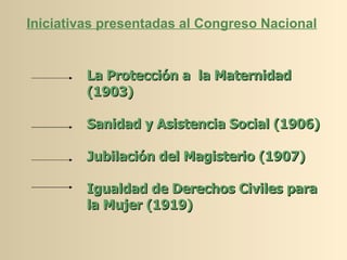 La Protección a  la Maternidad (1903) Sanidad y Asistencia Social (1906) Jubilación del Magisterio (1907) Igualdad de Derechos Civiles para la Mujer (1919) Iniciativas presentadas al Congreso Nacional 