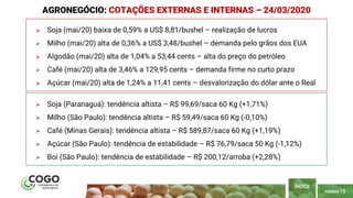 PÁGINA 15
 Soja (mai/20) baixa de 0,59% a US$ 8,81/bushel – realização de lucros
 Milho (mai/20) alta de 0,36% a US$ 3,48/bushel – demanda pelo grãos dos EUA
 Algodão (mai/20) alta de 1,04% a 53,44 cents – alta do preço do petróleo
 Café (mai/20) alta de 3,46% a 129,95 cents – demanda firme no curto prazo
 Açúcar (mai/20) alta de 1,24% a 11,41 cents – desvalorização do dólar ante o Real
AGRONEGÓCIO: COTAÇÕES EXTERNAS E INTERNAS – 24/03/2020
ÍNDICE
 Soja (Paranaguá): tendência altista – R$ 99,69/saca 60 Kg (+1,71%)
 Milho (São Paulo): tendência altista – R$ 59,49/saca 60 Kg (-0,10%)
 Café (Minas Gerais): tendência altista – R$ 589,87/saca 60 Kg (+1,19%)
 Açúcar (São Paulo): tendência de estabilidade – R$ 76,79/saca 50 Kg (-1,12%)
 Boi (São Paulo): tendência de estabilidade – R$ 200,12/arroba (+2,28%)
 