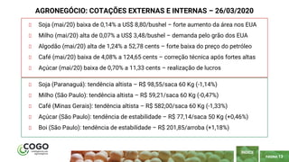 PÁGINA 13
Soja (mai/20) baixa de 0,14% a US$ 8,80/bushel – forte aumento da área nos EUA
Milho (mai/20) alta de 0,07% a US$ 3,48/bushel – demanda pelo grão dos EUA
Algodão (mai/20) alta de 1,24% a 52,78 cents – forte baixa do preço do petróleo
Café (mai/20) baixa de 4,08% a 124,65 cents – correção técnica após fortes altas
Açúcar (mai/20) baixa de 0,70% a 11,33 cents – realização de lucros
AGRONEGÓCIO: COTAÇÕES EXTERNAS E INTERNAS – 26/03/2020
ÍNDICE
Soja (Paranaguá): tendência altista – R$ 98,55/saca 60 Kg (-1,14%)
Milho (São Paulo): tendência altista – R$ 59,21/saca 60 Kg (-0,47%)
Café (Minas Gerais): tendência altista – R$ 582,00/saca 60 Kg (-1,33%)
Açúcar (São Paulo): tendência de estabilidade – R$ 77,14/saca 50 Kg (+0,46%)
Boi (São Paulo): tendência de estabilidade – R$ 201,85/arroba (+1,18%)
 