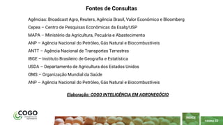 PÁGINA 32
Fontes de Consultas
ÍNDICE
Agências: Broadcast Agro, Reuters, Agência Brasil, Valor Econômico e Bloomberg
Cepea – Centro de Pesquisas Econômicas da Esalq/USP
MAPA – Ministério da Agricultura, Pecuária e Abastecimento
ANP – Agência Nacional do Petróleo, Gás Natural e Biocombustíveis
ANTT – Agência Nacional de Transportes Terrestres
IBGE – Instituto Brasileiro de Geografia e Estatística
USDA – Departamento de Agricultura dos Estados Unidos
OMS – Organização Mundial da Saúde
ANP – Agência Nacional do Petróleo, Gás Natural e Biocombustíveis
Elaboração: COGO INTELIGÊNCIA EM AGRONEGÓCIO
 