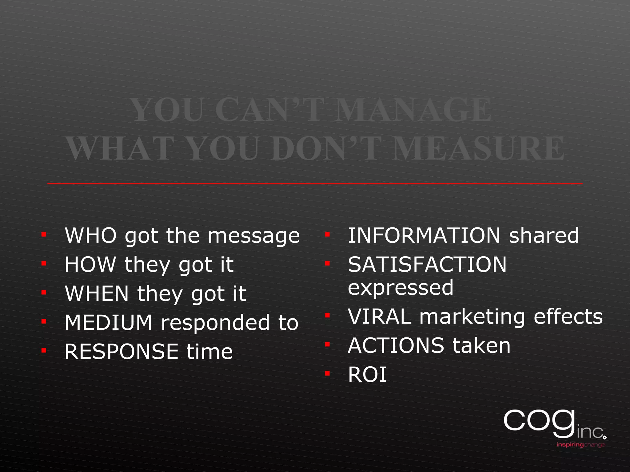 YOU CAN’T MANAGE  WHAT YOU DON’T MEASURE WHO got the message HOW they got it WHEN they got it MEDIUM responded to RESPONSE time  INFORMATION shared SATISFACTION expressed VIRAL marketing effects ACTIONS taken ROI  