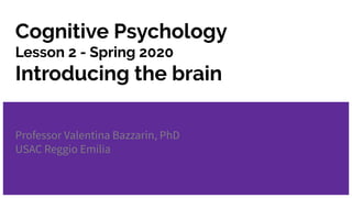 Cognitive Psychology
Lesson 2 - Spring 2020
Introducing the brain
Professor Valentina Bazzarin, PhD
USAC Reggio Emilia
 
