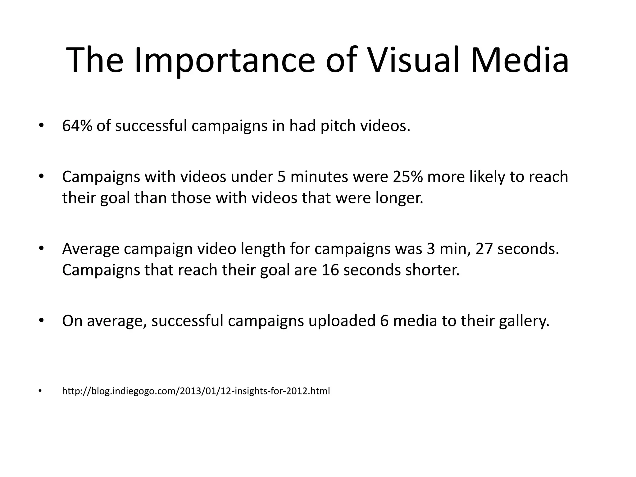 The Importance of Visual Media
• 64% of successful campaigns in had pitch videos.
• Campaigns with videos under 5 minutes were 25% more likely to reach
their goal than those with videos that were longer.
• Average campaign video length for campaigns was 3 min, 27 seconds.
Campaigns that reach their goal are 16 seconds shorter.
• On average, successful campaigns uploaded 6 media to their gallery.
• http://blog.indiegogo.com/2013/01/12-insights-for-2012.html
 