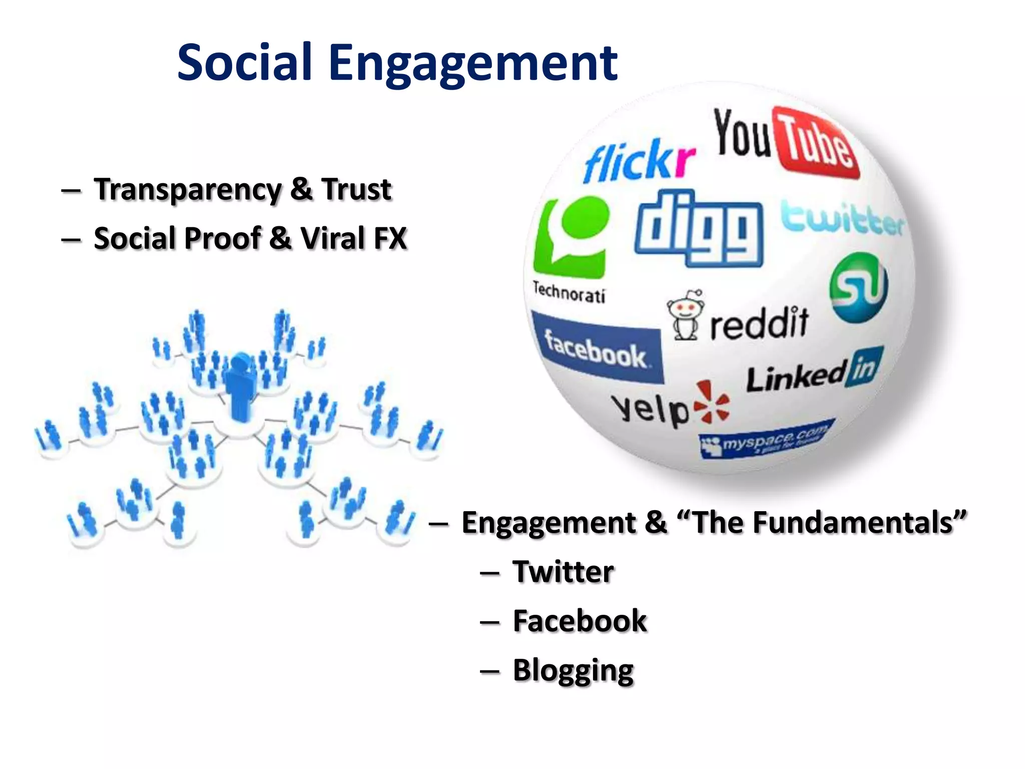 Social Engagement
– Transparency & Trust
– Social Proof & Viral FX
– Engagement & “The Fundamentals”
– Twitter
– Facebook
– Blogging
 