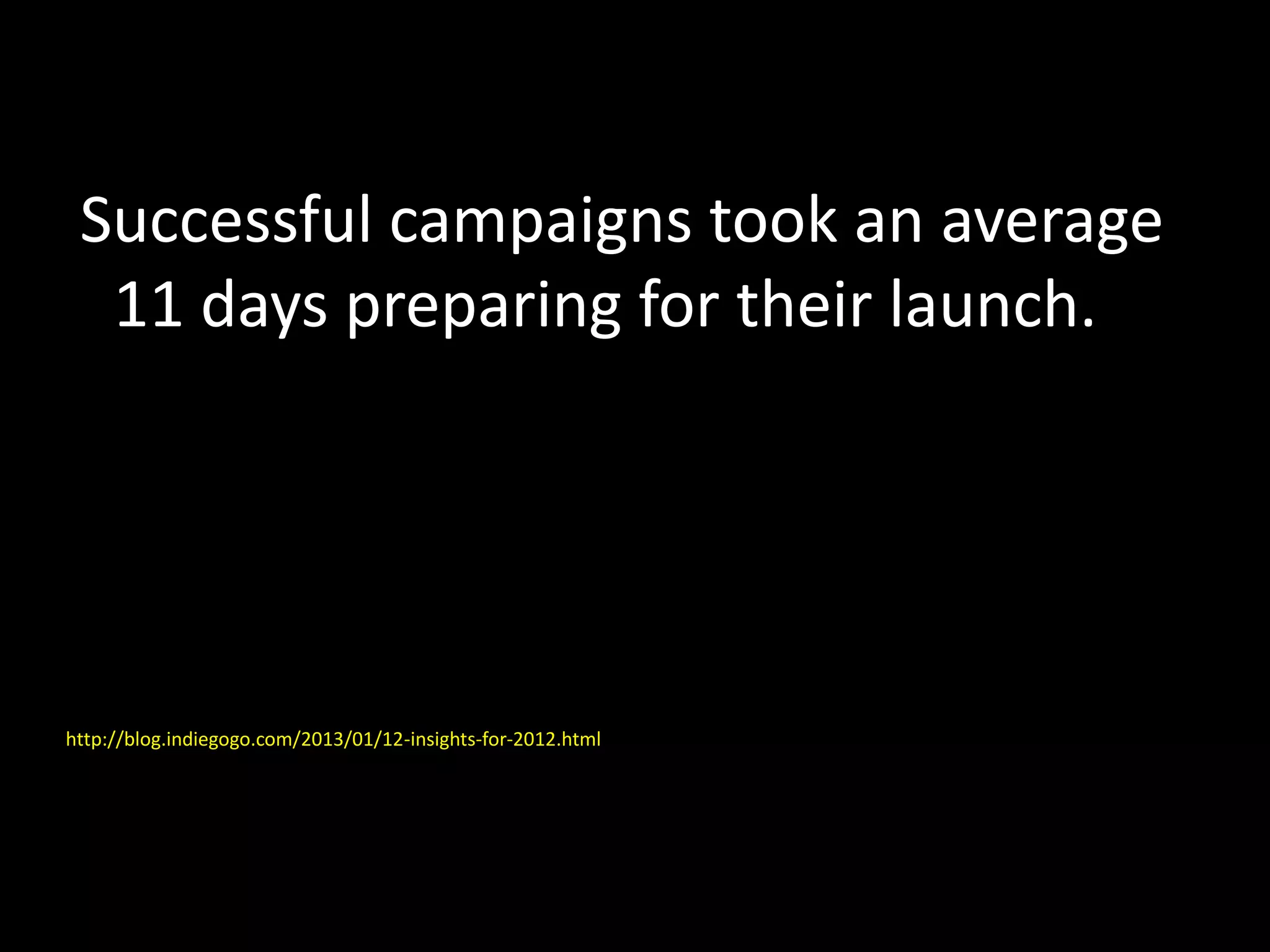 Successful campaigns took an average
11 days preparing for their launch.
http://blog.indiegogo.com/2013/01/12-insights-for-2012.html
 