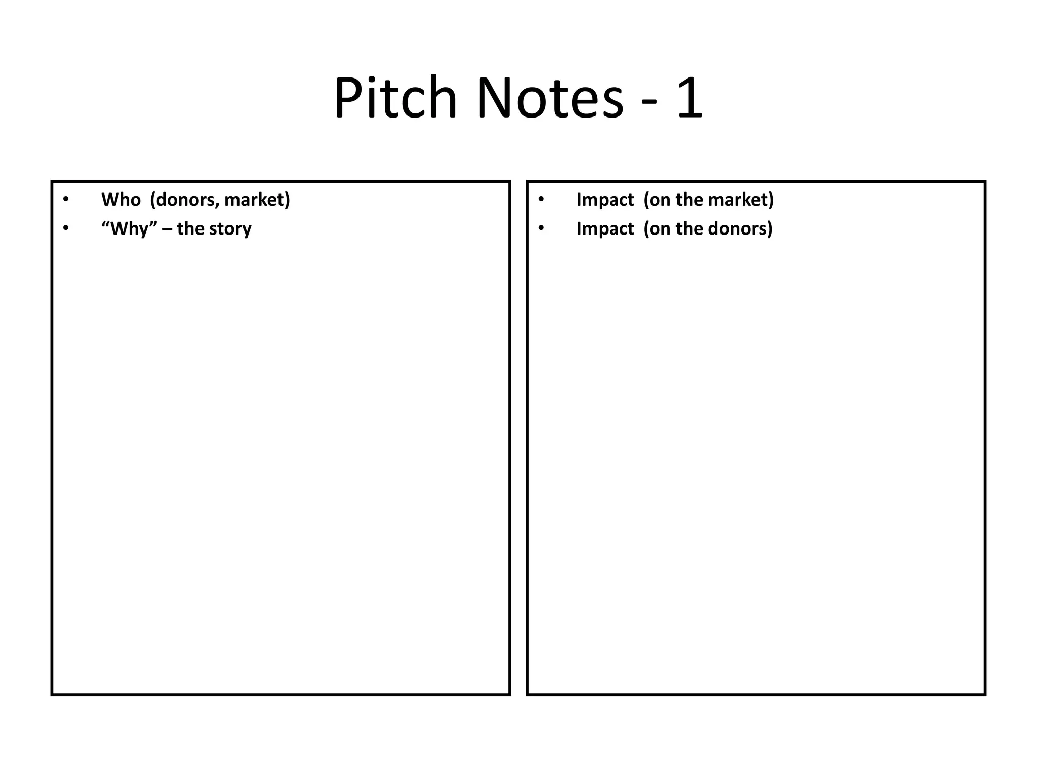 Pitch Notes - 1
• Who (donors, market)
• “Why” – the story
• Impact (on the market)
• Impact (on the donors)
 