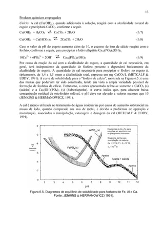 ÿ

13

Produtos químicos empregados
Cálcio: A cal (Ca(OH)2), quando adicionada à solução, reagirá com a alcalinidade natural do
esgoto e precipitará CaCO3, conforme a seguir.
Ca(OH)2 + H2CO3
Ca(OH)2 + Ca(HCO3)2

CaCO3 + 2H2O
2CaCO3 + 2H2O

(6.7)
(6.8)

Caso o valor de pH do esgoto aumente além de 10, o excesso de íons de cálcio reagirá com o
fosfato, conforme a seguir, para precipitar a hidroxilapatita Ca10(PO4)6(OH)2.
10Ca2+ + 6PO43- + 2OH-

Ca10(PO4)6(OH)2

(6.9)

Por causa da reação da cal com a alcalinidade do esgoto, a quantidade de cal necessária, em
geral, será independente da quantidade de fósforo presente e dependerá basicamente da
alcalinidade do esgoto. A quantidade de cal necessária para precipitar o fósforo no esgoto é,
tipicamente, de 1,4 a 1,5 vezes a alcalinidade total, expressa em mg CaCO3/L (METCALF &
EDDY, 1991). A curva de solubilidade para o “fosfato de cálcio”, mostrada na Figura 6.5, é uma
das muitas que poderiam ter sido construída, tendo em vista a ampla variedade possível de
formação de fosfatos de cálcio. Entretanto, a curva apresentada refere-se somente a CaCO3 (s)
(calcita) e a Ca5(OH)(PO4)3 (s) (hidroxiapatita). A curva indica que, para alcançar baixa
concentração residual de ortofosfato solúvel, o pH deve ser elevado a valores maiores que 10
(JENKINS & HERMANOWICZ, 1991).
A cal é menos utilizada no tratamento de águas residuárias por causa do aumento substancial na
massa de lodo, quando comparado aos sais de metal, e devido a problemas de operação e
manutenção, associados à manipulação, estocagem e dosagem da cal (METCALF & EDDY,
1991).

ÿ
Figura 6.5. Diagramas de equilíbrio de solubilidade para fosfatos de Fe, Al e Ca.
Fonte: JENKINS & HERMANOWICZ (1991).

ÿ

 