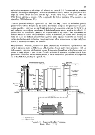 ÿ

18

cal resultou em dosagens elevadas e pH efluente ao redor de 9,3. Considerando as remoções
obtidas e as dosagens empregadas, o melhor resultado foi obtido através da aplicação de 100
mg/L de cloreto férrico, associada com 50 mg/L de cal. Neste caso, a remoção de DQO e de
DBO foram idênticas e iguais a 73%. A remoção de fósforo alcançou 84%, enquanto a de
nitrogênio (NTK) chegou a 49%.
Além de promover remoção significativa de DBO e de DQO, o uso de tratamento químico
proporcionou valores de remoção de fósforo dificilmente atingidos por processos biológicos.
Ainda segundo os autores, o uso de flotação por ar dissolvido, com a adição de cloreto férrico e
cal, melhorou a remoção de patogênicos. O lodo flotado pode receber a adição de cal (pH>12)
para efetuar sua desinfecção, podendo ser reaproveitado na agricultura, após um período de
repouso. O uso de cloreto férrico em vez de sulfato de alumínio é justificado, pois a presença de
ferro em lodos não redunda em aspectos negativos, como aqueles decorrentes da presença de
sulfato de alumínio, pois o alumínio é muito danoso ao solo e também pode provocar malefícios
aos seres humanos, caso ocorra sua ingestão.
O equipamento (flotateste), desenvolvido por REALI (1991), possibilitou o seguimento de uma
série de pesquisas junto ao SHS-EESC-USP. É composto por quatro vasos cilíndricos (2,1 L),
independentes entre si, e interligados à câmara de saturação. Para efetuar a floculação, cada vaso
possui agitador próprio e, para efetuar a flotação, a câmara de saturação possui entrada de água,
proveniente de rede de abastecimento público, e do ar comprimido, proveniente de compressor
de ar (REALI et al., 1998) (ver Figura 6.10).

Figura 6.10 – Esquema Geral do Flotateste.
Fonte: REALI (1991)

ÿ

 