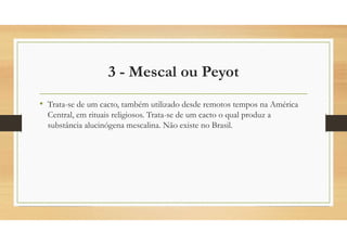 3 - Mescal ou Peyot
• Trata-se de um cacto, também utilizado desde remotos tempos na América
Central, em rituais religiosos. Trata-se de um cacto o qual produz a
substância alucinógena mescalina. Não existe no Brasil.
 