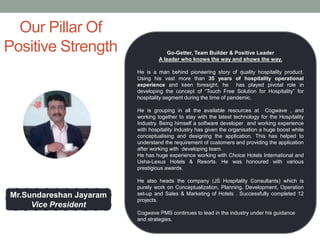 Our Pillar Of
Positive Strength
Mr.Sundareshan Jayaram
Vice President
Go-Getter, Team Builder & Positive Leader
A leader w...