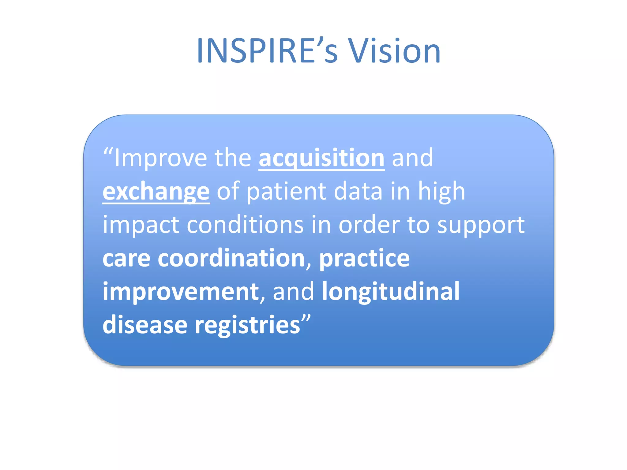 INSPIRE’s Vision
“Improve the acquisition and
exchange of patient data in high
impact conditions in order to support
care coordination, practice
improvement, and longitudinal
disease registries”
 