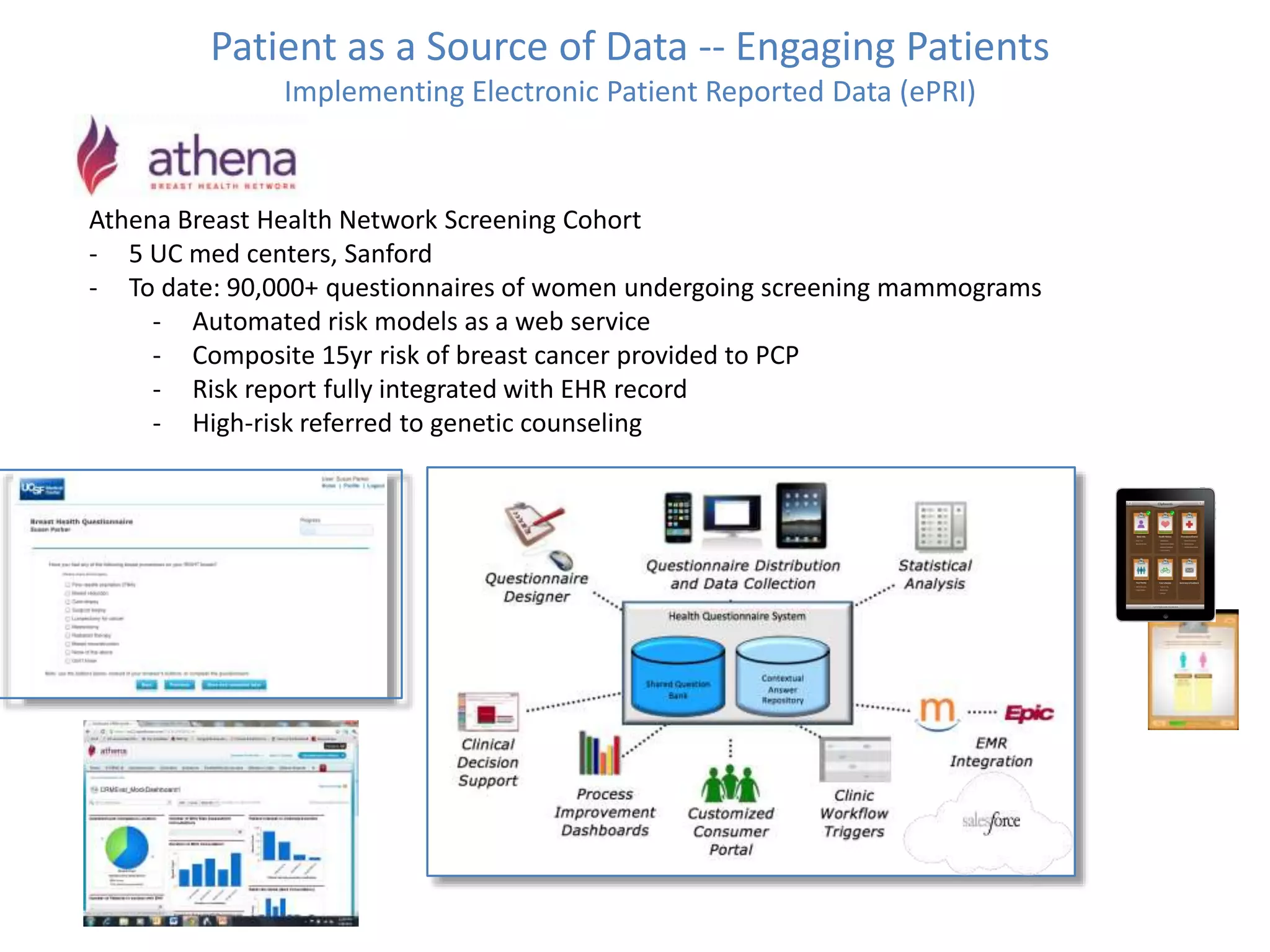 Patient as a Source of Data -- Engaging Patients
Implementing Electronic Patient Reported Data (ePRI)
Athena Breast Health Network Screening Cohort
- 5 UC med centers, Sanford
- To date: 90,000+ questionnaires of women undergoing screening mammograms
- Automated risk models as a web service
- Composite 15yr risk of breast cancer provided to PCP
- Risk report fully integrated with EHR record
- High-risk referred to genetic counseling
 