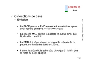 CITI
-
Dept
Télécoms
-
INSA
Lyon
IV-87
Chapitre 16
• C) fonctions de base
– Emission
• Le PLCP passe le PMD en mode transm...