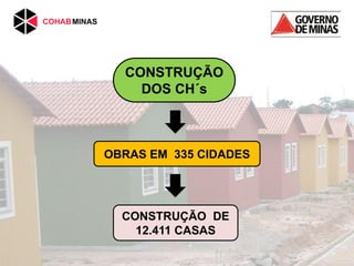 OBRAS EM 335 CIDADES
CONSTRUÇÃO DE
12.411 CASAS
CONSTRUÇÃO
DOS CH´s
 
