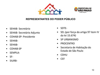 • SEHAB- Secretário
• SEHAB- Secretário Adjunto
• COHAB-SP- Presidente
• SEHAB-
• SEHAB-
• COHAB-SP
• SEMPLA-
• SF-
• SIURB-
• SDTE-
• SEL (por força do artigo 97 item IV
da lei 15.674)
• SP URBANISMO
• PROCENTRO
• Secretaria de Habitação do
Estado de São Paulo
• CDHU
• CEF
REPRESENTANTES DO PODER PÚBLICO
10
 