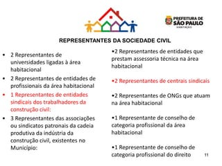 • 2 Representantes de
universidades ligadas à área
habitacional
• 2 Representantes de entidades de
profissionais da área habitacional
• 1 Representantes de entidades
sindicais dos trabalhadores da
construção civil:
• 3 Representantes das associações
ou sindicatos patronais da cadeia
produtiva da indústria da
construção civil, existentes no
Município:
REPRESENTANTES DA SOCIEDADE CIVIL
•2 Representantes de entidades que
prestam assessoria técnica na área
habitacional
•2 Representantes de centrais sindicais
•2 Representantes de ONGs que atuam
na área habitacional
•1 Representante de conselho de
categoria profissional da área
habitacional
•1 Representante de conselho de
categoria profissional do direito 11
 