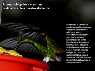 Estamos obligados a crear una realidad visible a nuestro alrededorEn realidad el tiempo no puede ser medido, creamos un convencionalismo de referencia que es absolutamente necesario para que la sociedad funcione; sin él, jamás llegaríamos a tiempo para tomar un tren, o la carne acabaría quemándose en el horno. También estamos obligados a crear una realidad visible a nuestro alrededor, o la raza humana jamás habría sobrevivido a los depredadores. 