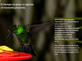 El tiempo no pasa; es apenas el momento presente.Inventamos algo llamado "memoria", como la que hay en una computadora. La memoria sirve para protegernos del peligro, permitir que podamos vivir en sociedad, encontrar alimento, crecer, transmitir a la próxima generación todo lo que aprendemos. Pero no es la vida en sí.   Aquí, en este instante en el que escribo, está mi primer beso y el sonido del piano que mi madre tocaba mientras yo jugaba en la sala. 