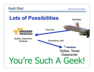Open Source Test Automation




Lots of Possibilities                               TestMaker



                           Test Sent



     Seattle, Datacenter
          TestNode           Generating Load




                                        Dallas, Texas
                                         Datacenter

You’re Such A Geek!
10
 